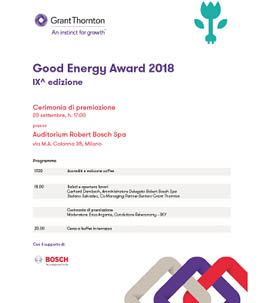 Programma della cerimonia di premiazione del Good Energy Award 2018 presso l'Auditorium Robert Bosch S.p.A.