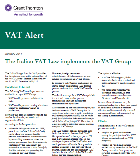 The Italian VAT Law implements the VAT Group