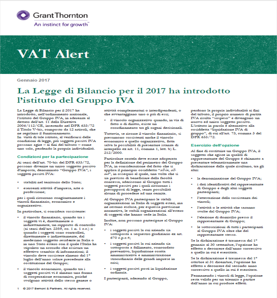 VAT Alert - La legge di bilancio per il 2017 ha introdotto l'istituto del Gruppo IVA