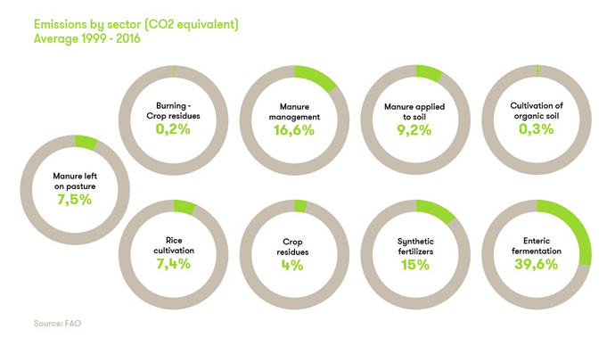 CO2 emissions by sector, averate 1999-2016: burning-crop residues 0,2%; manure management 16,6%; manure applied to soil 6,2%; cultivation of organic soil 0,3%; manure left on pasture 7,5%; rice cultivation 7,4%; crop residues 4%; synthetic fertilizers 15%; enteric fermentation 39,6%