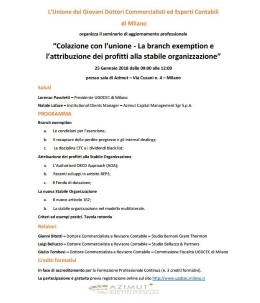 Locandina seminarion 25/01/2018: Colazione con l'Unione - La Branch exemption e l'attribuzione dei profitti alla stabile organizzazione